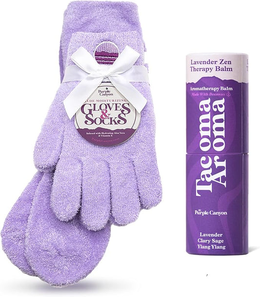 Purple Canyon Fuzzy Socks & Gloves and Essential Oil Balm Spa Kit | Purple Socks and Gloves Infused with Aloe Vera and Vitamin E Oil | Beeswax Miracle Balm for Cracked Heel Repair and Foot Care