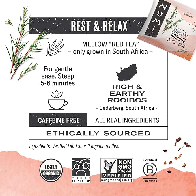 Numi Organic Rooibos Tea Variety Pack, 18 Tea Bags (Pack of 3), Chocolate Rooibos, Rooibos Chai, Rooibos (Packaging May Vary)