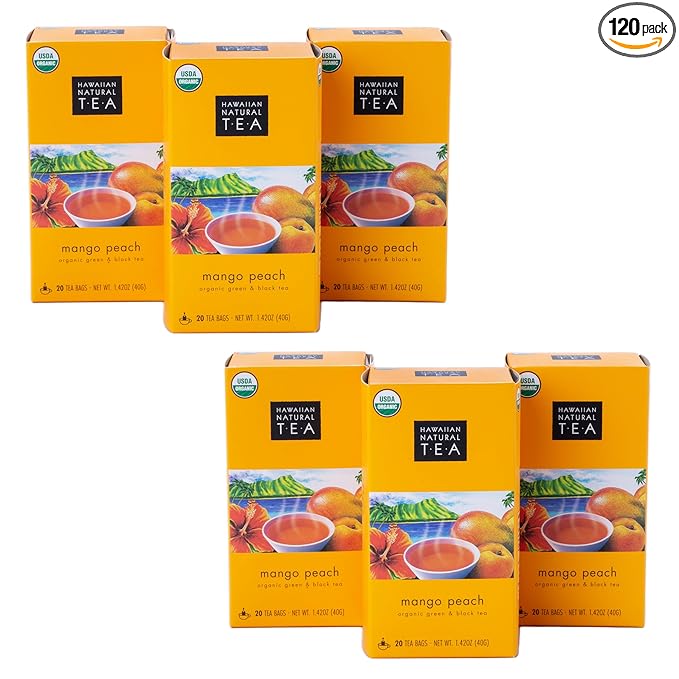 Hawaiian Natural Tea Mango Peach Flavored Organic Tea - Tropical Fruit Green and Black Tea Blend - Perfect Daily Cup & Gift for Special Occasions - 120 Tea Bags
