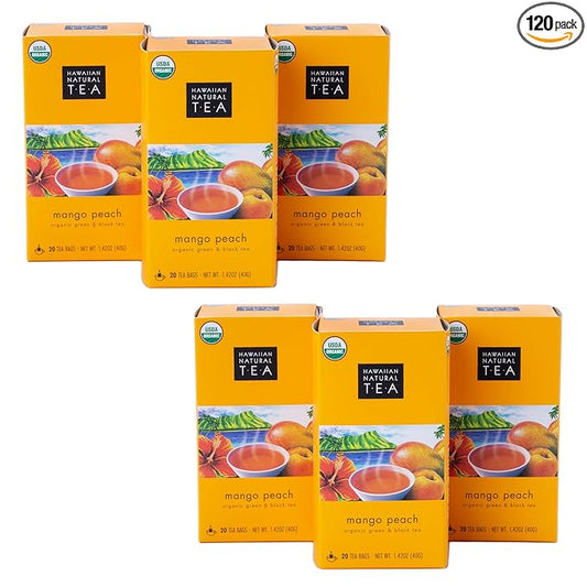 Hawaiian Natural Tea Mango Peach Flavored Organic Tea - Tropical Fruit Green and Black Tea Blend - Perfect Daily Cup & Gift for Special Occasions - 120 Tea Bags