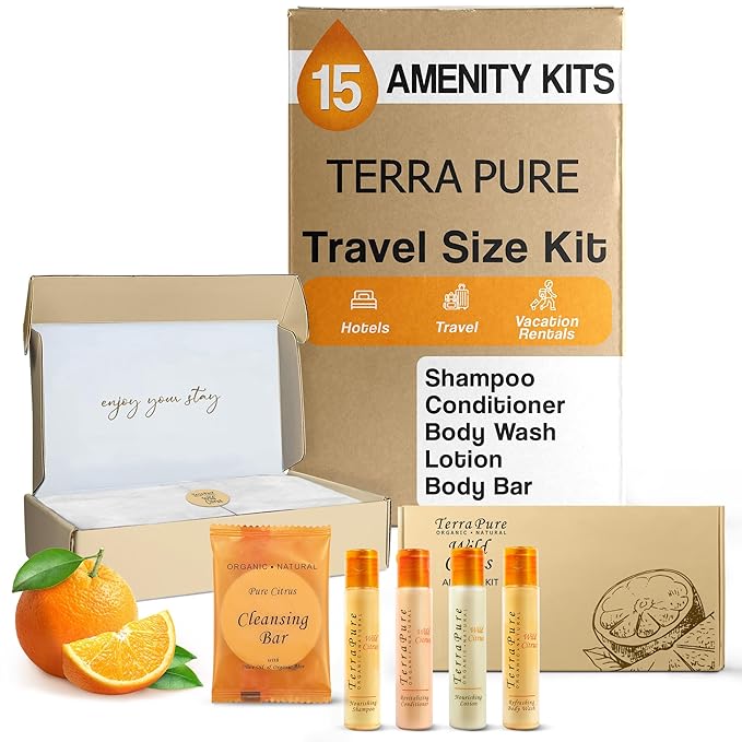 Terra Pure Amenity Kit | Boxed Hotel Toiletries Bulk Set | 1 oz Shampoo, Conditioner, Lotion, Body Wash & Cleansing Bar | 15 Sets per Case