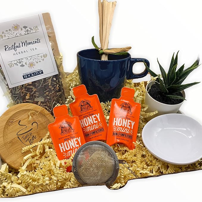 Rock the Top Restful Moments Herbal Tea Gift Box - Tea Set with Tea Infuser, Loose Leaf Tea, Tea Steeper, Tea Cup, Tea Bag Holder, Coaster & more- Gift Sets for Tea Lovers, Nurse Gifts, Birthdays & Teacher Appreciation.