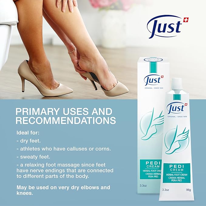 Swiss Just Pedicream Foot Cream 3.4 Fl oz- Nourishing Foot Care Kit with a High Concentration of Almond Oil for Skin - Soothing and Moisturizing Natural and Herbal Formula for Dry and Cracked Feet