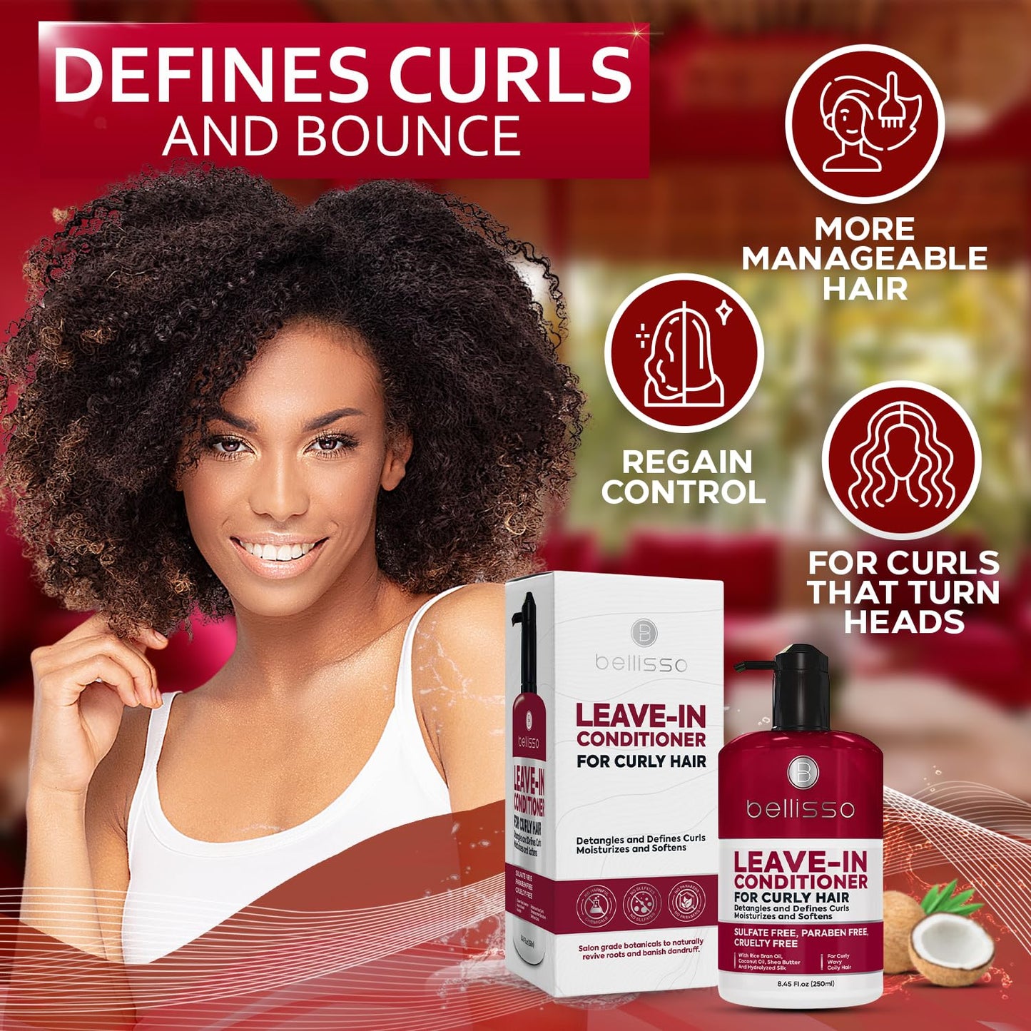 Leave in Conditioner for Curly Hair - Frizz Control for Women and Men - Restores Dry, Damaged and Wavy Hair - Detangler Cream and Sulfate Free Anti Static Moisturizer Treatment with Shea Butter