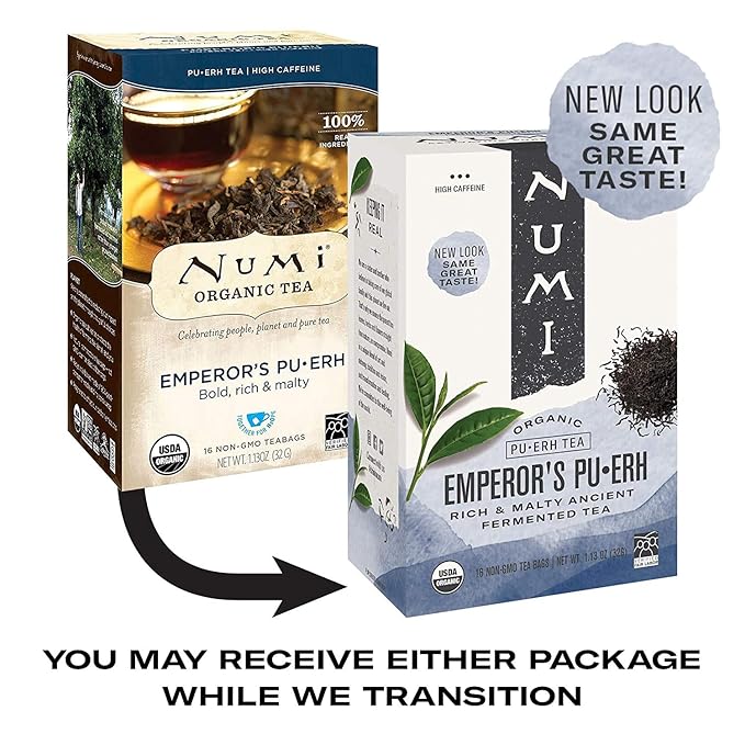 Numi Organic Emperor's Pu-erh Tea, 16 Tea Bags (Pack of 3), Aged Fermented Yunnan Black Tea - 48 Total Tea Bags