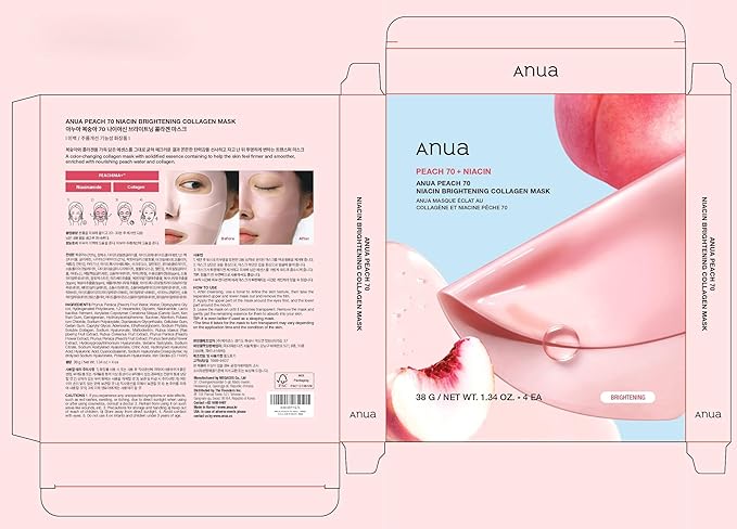 ANUA Peach 70 Niacin Brightening Collagen Mask, Overnight Face Mask for Glass Skin, Niacinamide, Collagen Facial Mask, Glow up with Hydration, Natural Color, Korean Skin Care (38g, 4ea)