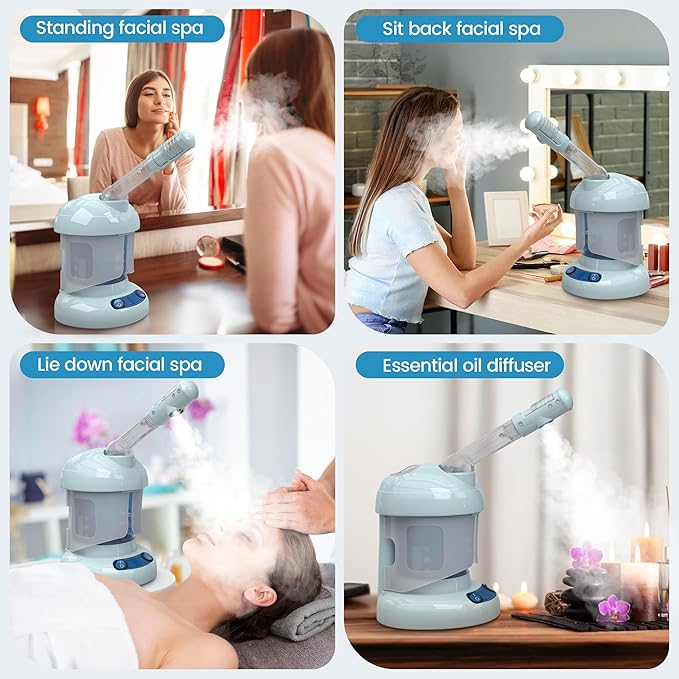 Nisperos Nano Ionic Facial Steamer - 360° Rotatable Sprayer - 40 Minutes Warm Mist - Humidifier - Professional Face Steamer for Facial Deep Cleaning (Light Blue)