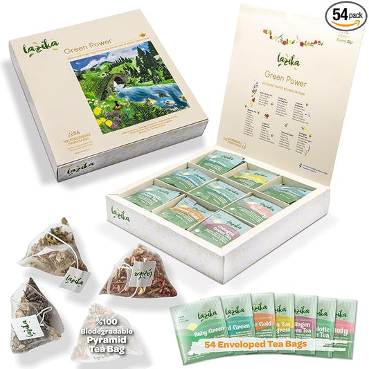 Lazika Green Tea Variety Pack with Lovely Presentation Box, 54 Counts, Green Tea Assortment Gift Set, Premium Collection with Pyramid Infuser Bag, Early Harvest, Handcrafted