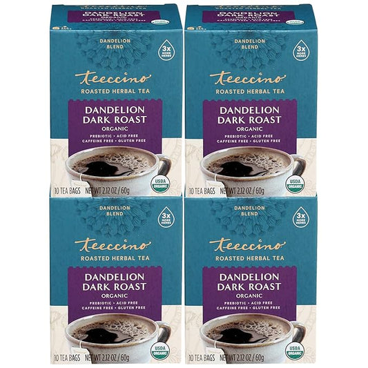 Teeccino Dandelion Tea – Dark Roast – Rich & Roasted Herbal Tea That’s Caffeine Free & Prebiotic with Detoxifying Dandelion Root, 10 Tea Bags (Pack of 4)