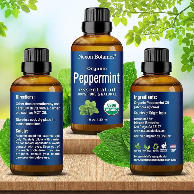Organic Peppermint Essential Oil 30 ml - Pure Natural Mint Oil for Aromatherapy, Diffusers, Hair & Skin Care - Undiluted Menthol - Nexon Botanics