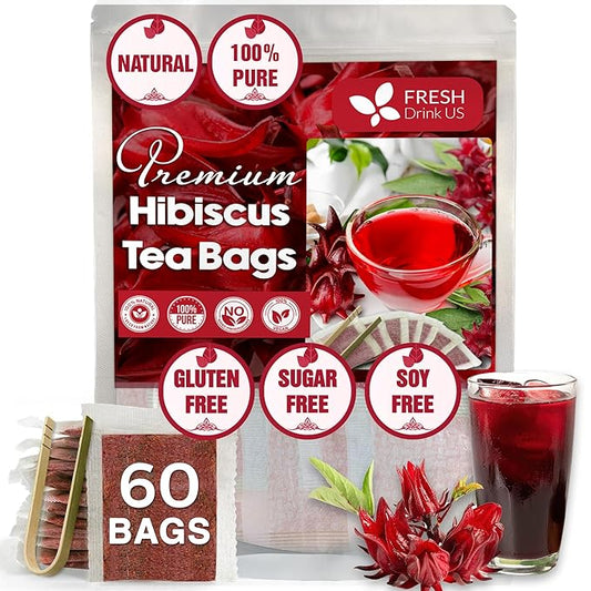 FreshDrinkUS Premium 60 Hibiscus Tea Bags, 100% Natural & Pure. Loose Flower Herbal Tea, No Sugar, Caffeine, Gluten. Vegan.