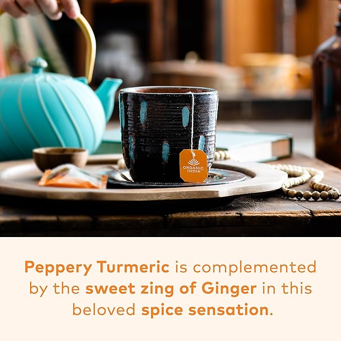 ORGANIC INDIA Tulsi Turmeric Ginger Tea Bags- Herbal Tea, Ginger Turmeric Tea, Immune Support, Aids Digestion, Caffeine-Free- 18 Infusion Bags, 1 Pack