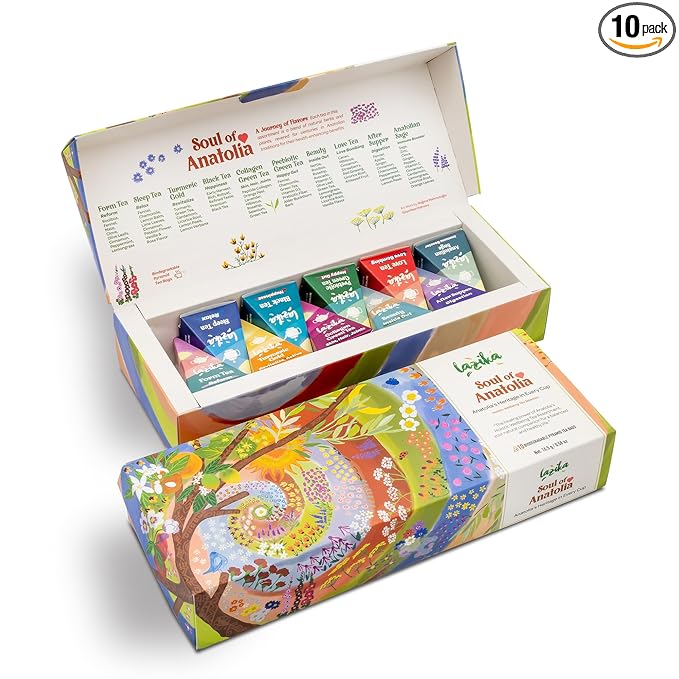 Lazika Tea Variety Pack with Lovely Presentation Box, Black, Green and Herbal Tea Sampler Gift Set, 10 Counts, Premium Collection with Pyramid Infuser Bag, Handcrafted