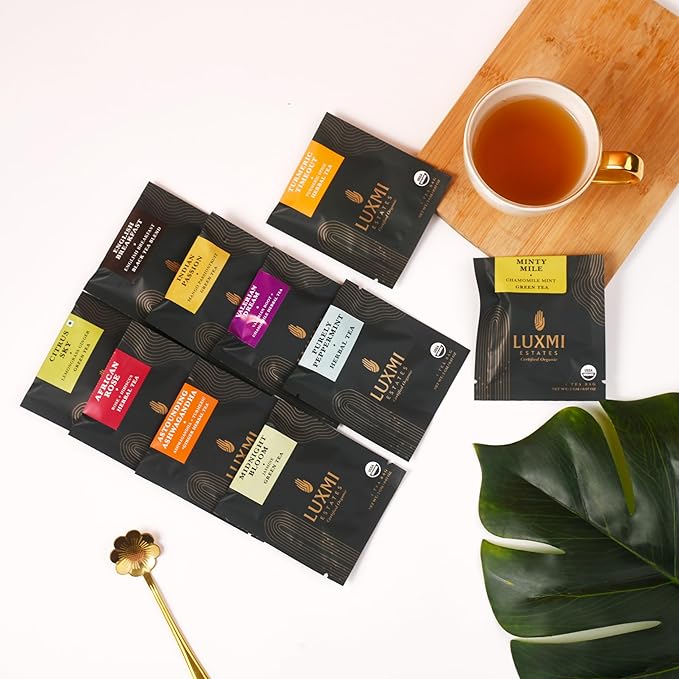 Luxmi Estates - Assortment Pack (60 tea bags *2g each)| 120g pack | Valerian Dream, Midnight Bloom, Turmeric Timeout, Astounding Ashwagandha, Purely Peppermint, Citrus Sky, Minty Mile, African Rose, Indian Passion