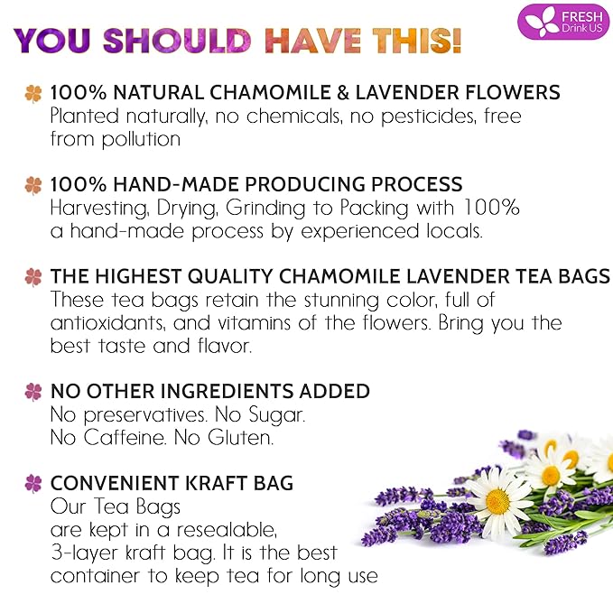 FreshDrinkUS, Premium 60 Chamomile Lavender Tea Bags, 100% Natural Herbal Ingredients, Hand-made Blend of Chamomile Lavender Flowers, Eco-conscious Tea Bags. No Sugar, No Caffeine, No Gluten, Vegan.
