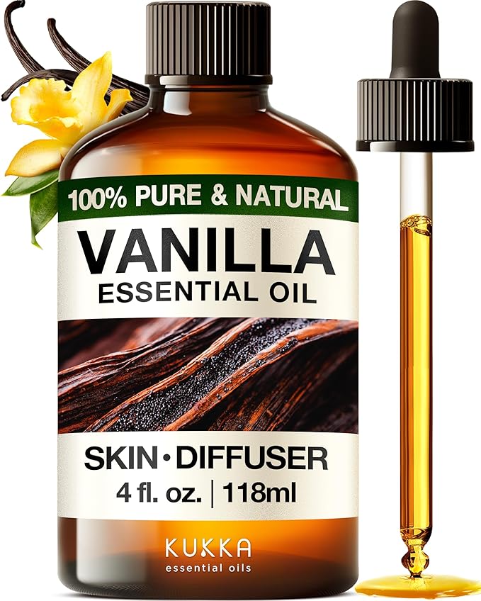 Kukka Vanilla Essential Oil for Diffuser & Skin - 4 Fl Oz - 100% Natural Vanilla Oleoresin Essential Oil - Long Lasting Perfume - Mother's Day Gift Soap Making Scent & DIY