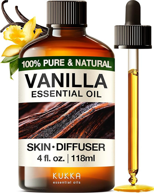 Kukka Vanilla Essential Oil for Diffuser & Skin - 4 Fl Oz - 100% Natural Vanilla Oleoresin Essential Oil - Long Lasting Perfume - Mother's Day Gift Soap Making Scent & DIY