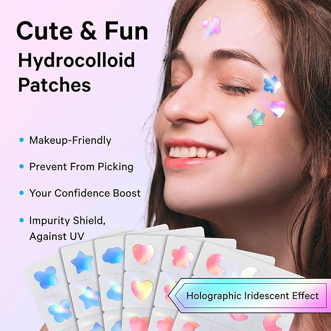 Sosky Hologram Pimple Patches for Face, Hydrocolloid Acne Patches with Salicylic Acid, Cute Star Zit Stickers,Colorful Blemish Covers,36 Count Blue Pink Star Heart Moon