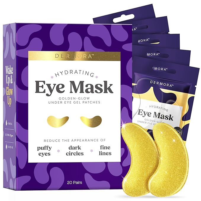DERMORA Golden Glow Under Eye Patches (20 Pairs Eye Gels) - Rejuvenating Treatment for Dark Circles, Puffy Eyes, Refreshing, Revitalizing, Travel, Wrinkles