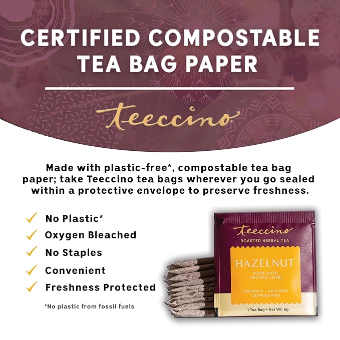 Teeccino Hazelnut Herbal Tea - Rich & Roasted Herbal Tea That’s Caffeine Free & Prebiotic for Natural Energy, 10 Tea Bags (Pack of 4)