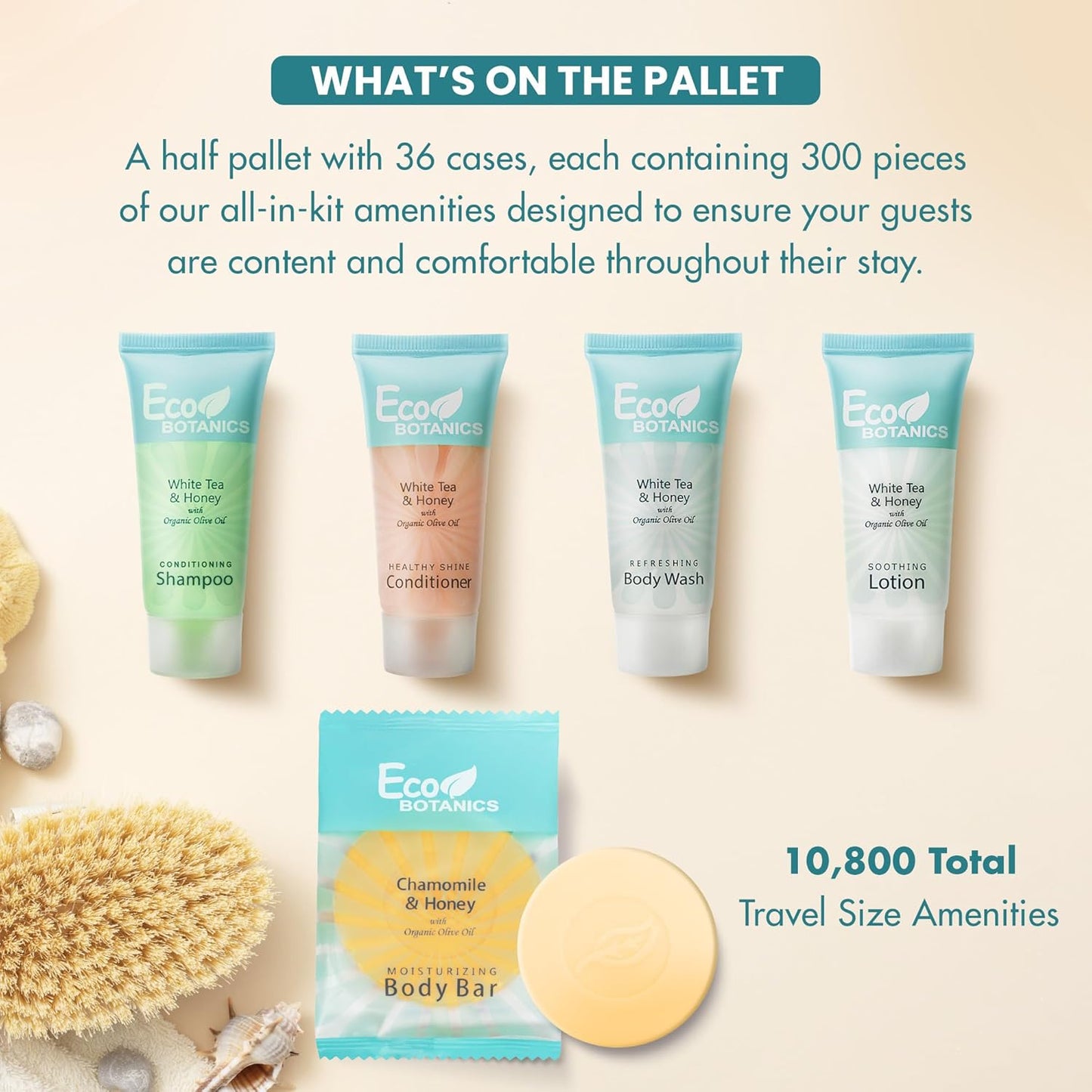 Eco Botanics Hotel Soaps & Toiletries Bulk Set | 0.85oz Hotel Shampoo & Conditioner, Body Wash, Body Lotion & Bar Soap Travel Size | Half Pallet, 36 cases with 300 units each - 10,800 pieces