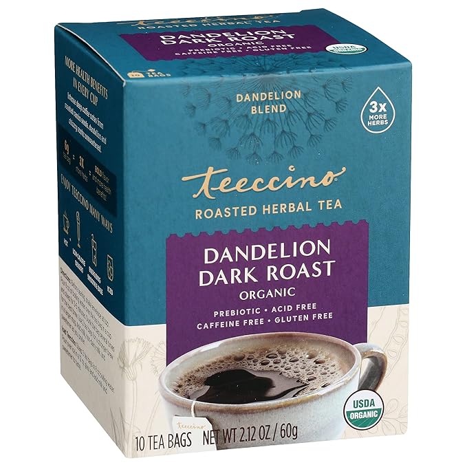 Teeccino Dandelion Tea – Dark Roast – Rich & Roasted Herbal Tea That’s Caffeine Free & Prebiotic with Detoxifying Dandelion Root, 10 Tea Bags (Pack of 4)