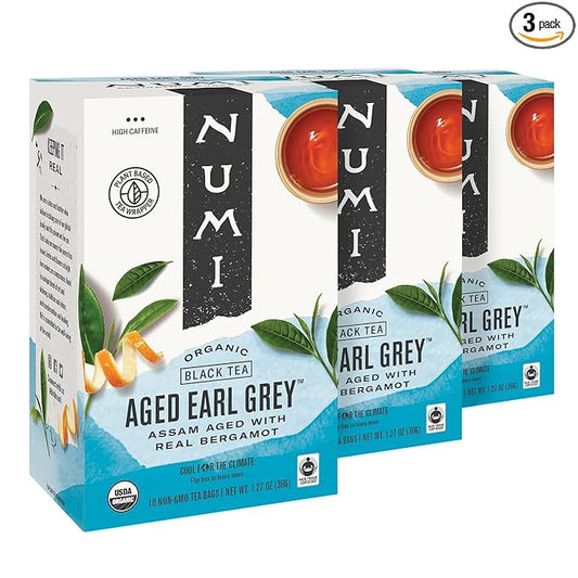 Numi Organic Aged Earl Grey Tea, 18 Tea Bags (Pack of 3) Black Tea With Bergamot Orange, Caffeinated (Packaging May Vary)
