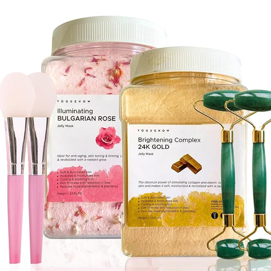 Jelly Face Mask for Facials - 24K Gold + Bulgarian Rose (Pack of 2) - Hydrating Glowing & Nourishing - Free Jade Roller & Spatula - Professional Hydrojelly Masks - Perfect for Vajacial - 46 Oz Jar