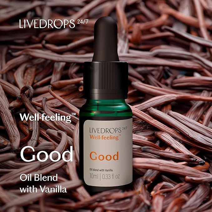 LIVEDROPS 24/7 Vanilla Oil Blend, Feel Good. Madagascar Vanilla Planifolia. Warm & Creamy. Natural Aromatherapy. Diffusor Compatible & dilute in Carrier Oil for Skin. Clinically Tested.