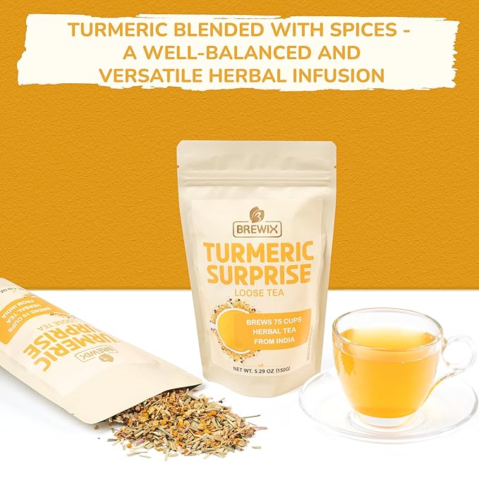 BREWIX, Turmeric Surprise Herbal Tea (75+ Cups, 5.29oz/150g), Caffeine Free Blend Of Turmeric, Black Pepper, Cinnamon, Ginger, Cardamom, Lemongrass