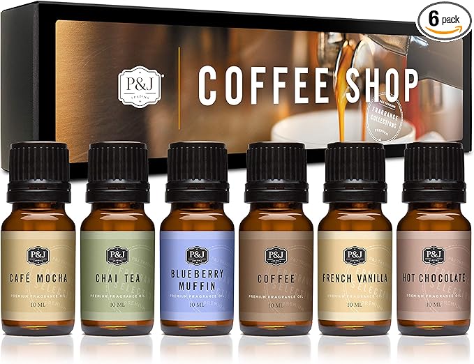 P&J Trading Fragrance Oil Coffee Shop Set | Coffee, Café Mocha, Chai Tea, Hot Chocolate, Blueberry Muffin, French Vanilla Candle Scents for Candle Making, Freshie Scents, Soap Making Supplies
