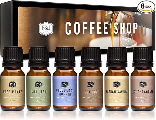 P&J Trading Fragrance Oil Coffee Shop Set | Coffee, Café Mocha, Chai Tea, Hot Chocolate, Blueberry Muffin, French Vanilla Candle Scents for Candle Making, Freshie Scents, Soap Making Supplies