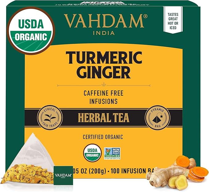 VAHDAM, Organic Turmeric Ginger Herbal Tea Bags (100 Pyramid Tea Bags) Caffeine Free, Non GMO | 100% Pure Herbal Blend - Savory & Spicy, Plant-Based Teabags | Resealable Ziplock Pouch