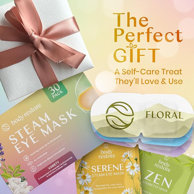 Body Restore Self Heated Steam Eye Mask 30 Pack - Fathers Day Unique Gifts for Dad, Relaxation Gifts for Her and Him, Best Friend, Stye Eye Treatment, Travel Essentials - Variety