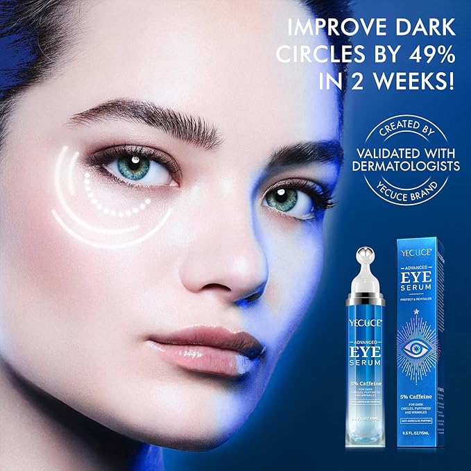 Eye Serum for Dark Circles and Puffiness, Under Eye Serum with 5% Caffeine Anti Aging Smooths fine lines and wrinkle appearance, Eye Cream with 360° Eye Roller Massage Ball