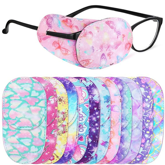 Newcotte 12 Pcs Eye Patch for Kids Toddler Reusable Adjustable Girls Boys Eyepatch for Glasses Left or Right Eye Patch, Assorted Patterns(Mermaid)
