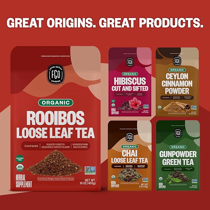 FGO Organic Rooibos Tea, 16 Ounce Loose Leaf Bulk Resealable Bag, Caffeine Free, Packaging May Vary (Pack of 1)