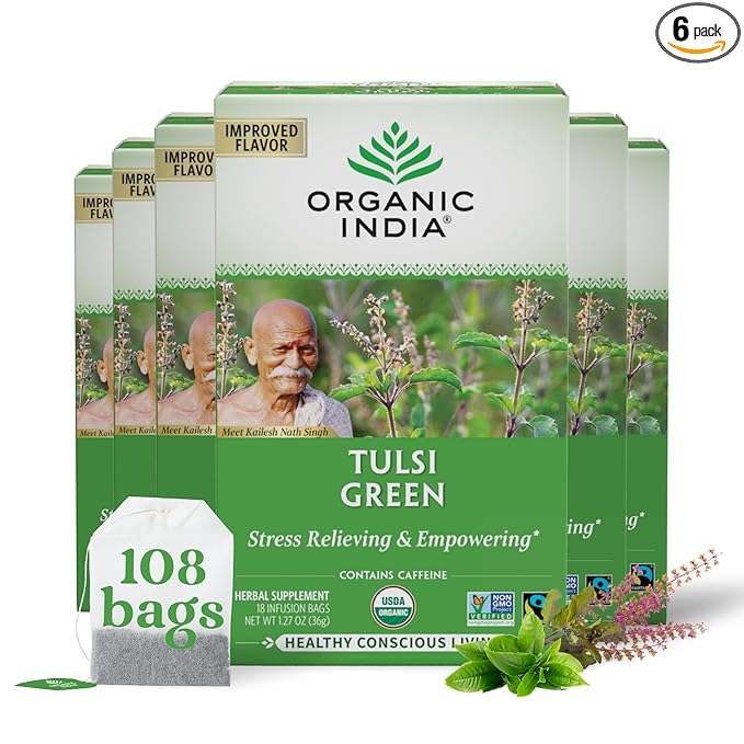 Organic India Tulsi Green Herbal Tea - Stress Relieving & Balancing, Immune Support, Adaptogen, Vegan, USDA Certified Organic, Caffeine-Free - 18 Infusion Bags, 6 Pack