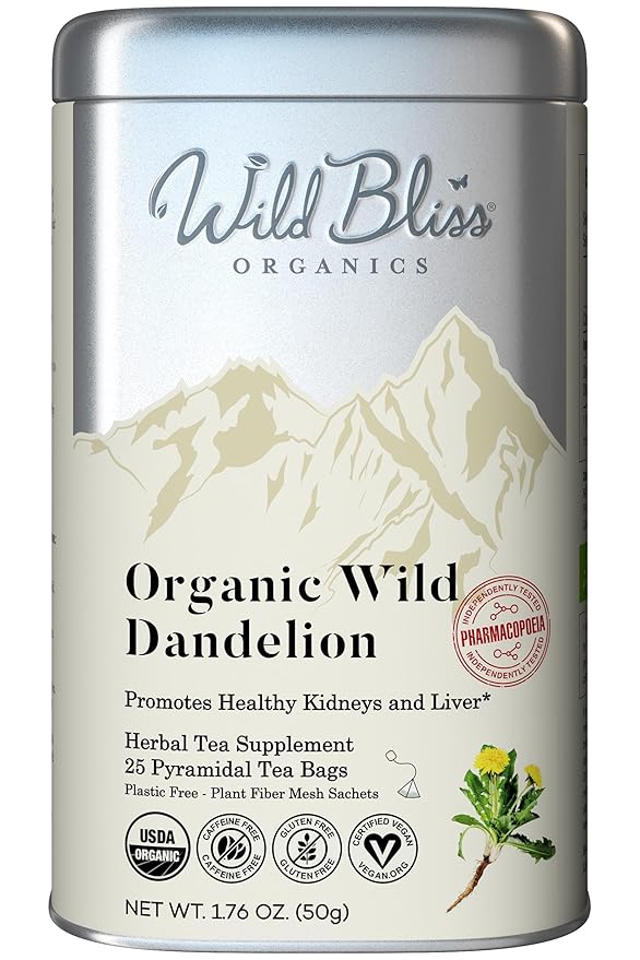 Wild Bliss Organic Wild Raw Dandelion Root Tea - Pharmacopoeia Quality Caffeine Free Herbal Detox Support - 25 Plant Based Tea Bags