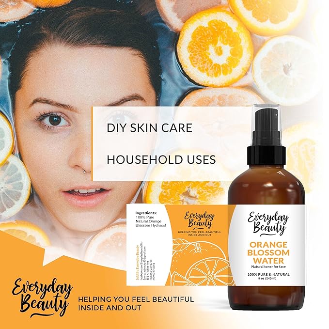 Orange Blossom Water Facial Toner - All Natural Hydrating Spray Mist for Face and Hair - 100% All Natural Orange Blossom Water Hydrosol 8oz with Fine Mist Cap