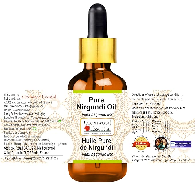 Pure Nirgundi Oil (Vitex negundo linn) 100% with Glass Dropper Premium Therapeutic Grade for Hair, Skin & Aromatherapy 30ml (1.01 oz)
