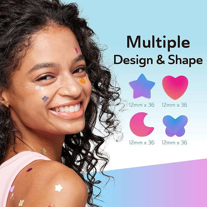 Star Pimple Patches for Face, Cute Acne Patches with Salicylic Acid, CICA & Tea Tree Oil, 144 Holographic Star Moon Heart Butterfly Patches, 7X Absorbency Pimple Patches for Teens (4 Designs, 36 Each)