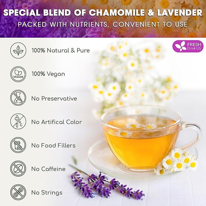FreshDrinkUS, Premium 60 Chamomile Lavender Tea Bags, 100% Natural Herbal Ingredients, Hand-made Blend of Chamomile Lavender Flowers, Eco-conscious Tea Bags. No Sugar, No Caffeine, No Gluten, Vegan.