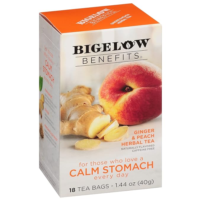 Bigelow Tea Benefits Calm Stomach Ginger Peach Herbal Tea, Caffeine Free, 18 Count (Pack of 6), 108 Total Tea Bags