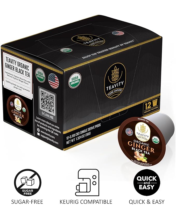 Organic Ginger Tea Pods for Keurig with Unsweet Black Tea for K Cup Brewing - Ginger Black Tea by Teavity (36 Tea Pods)