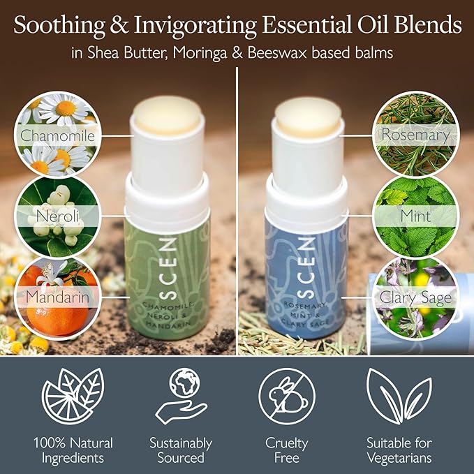 Scentered Aromatherapy Balm Stick Duo for Stress-Relief & Focus - Roll On Essential Oil Blends of Rosemary, Mint, Chamomile - Aromatherapy Gifts for Women - De-Stress & Focus