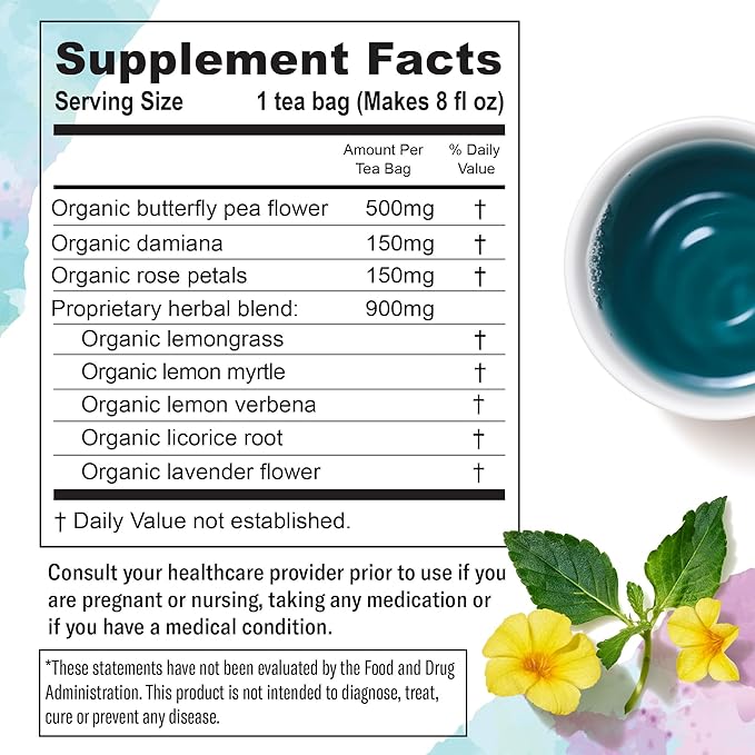 Numi Organic Damiana Relax Tea with Butterfly Pea Flower & Rose (Pack of 3), 16 Count Herbal Tea Bags