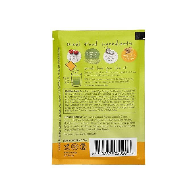 SEN CHA Naturals Citrus Ginger Green Tea + C Effervescent Drink Mix with 200% Vitamin C, Japanese Matcha Powder, Acerola Cherry, Coconut Water Powder, Orange Peel, Turmeric & Ginger (Pack of 10)