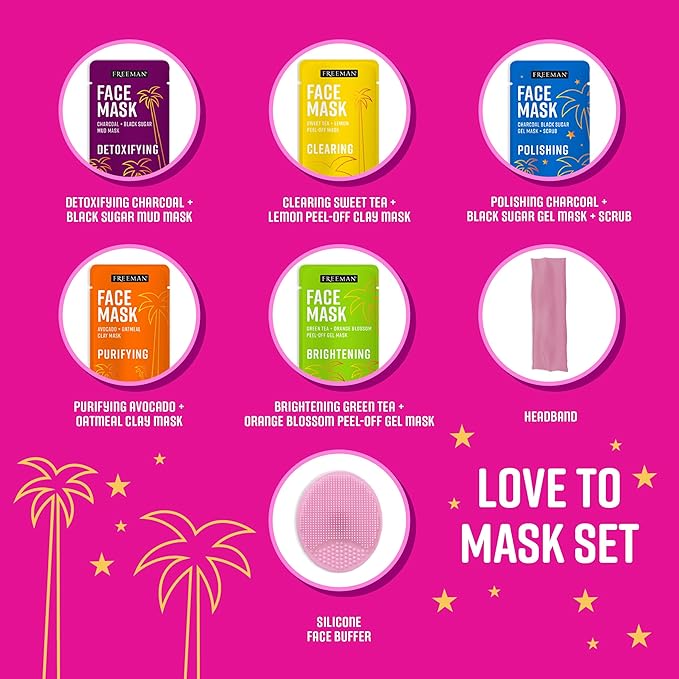 Freeman Facial Love To Mask Variety Pack: Oil Absorbing Clay, Detoxifying Charcoal, Clearing Peel Off, Hydrating Gel Cream, Exfoliating Scrub (14 Piece Kit with Bonus Buffer and Headband)