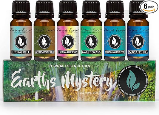 Eternal Essence Oils Earths Mystery Set of 6 Premium Fragrance Oils - Includes Freesia Plumeria, Sweet Grass, Amberwood Moss, Adriatic Fig, Moroccan Argan Type, and Coral Reef Scented Oils - 10ML